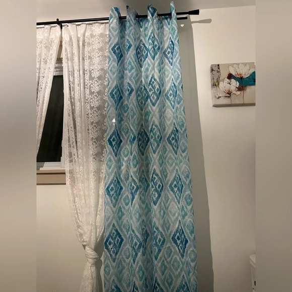 Mysky Home Bedroom Curtains Blue Geometric Pattern Silver Grommets (2)  Panels - Picture 1 of 4